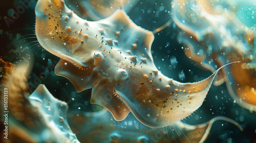 Closeup of translucent sea creatures in white, with tentacles that have small gold spots on them, moving through the water in light blue and dark cyan tones. © Mariia