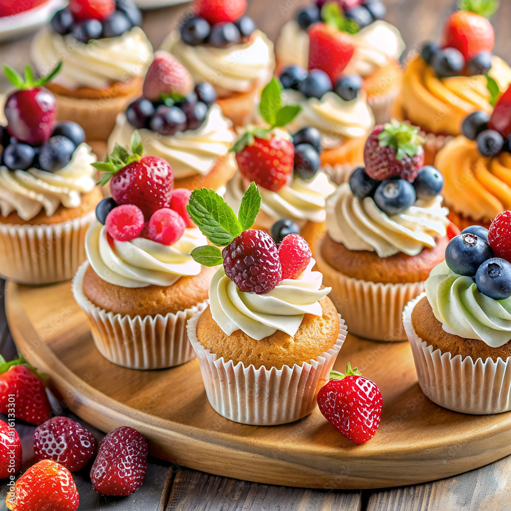 Assorted gourmet cupcakes topped with fresh berries and mint on a wooden platter