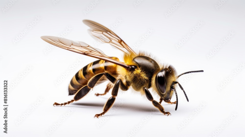 This image presents a photorealistic depiction of a honeybee against a clear, neutral background, highlighting physical details This image presents a photorealistic depiction of a honeybee against a clear, neutral background, highlighting physical details