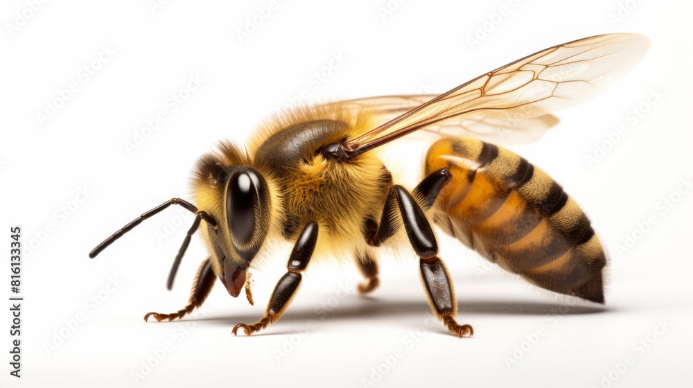 Side view capture of a honeybee showcasing its detailed wing and body structure on a white background for contrast Side view capture of a honeybee showcasing its detailed wing and body structure on a white background for contrast