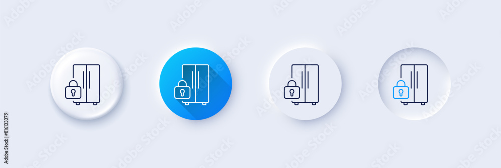 Refrigerator locked line icon. Neumorphic, Blue gradient, 3d pin buttons. Fridge child lock sign. Freezer storage symbol. Line icons. Neumorphic buttons with outline signs. Vector