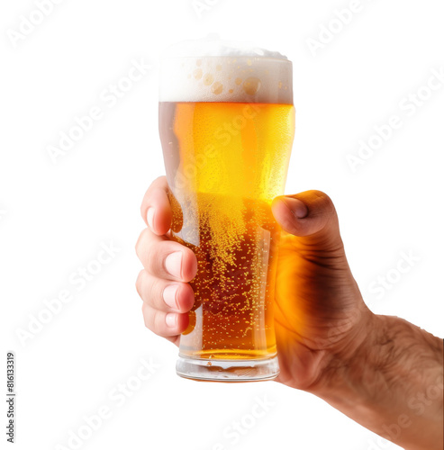 hand holding up a glass of beer over a white background. Variety of beer glass, cheers.