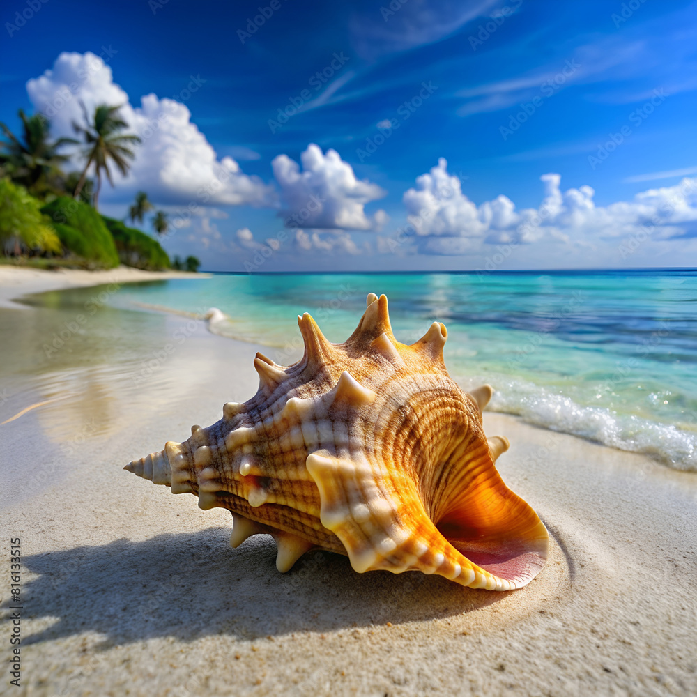 A vibrant seashell on a serene beach with crystal clear waters and a blue sky backdrop A vibrant seashell on a serene beach with crystal clear waters and a blue sky backdrop