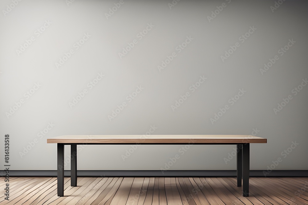 Black steel table with wooden top as podium with gray wall in background for product photography background Black steel table with wooden top as podium with gray wall in background for product photography background