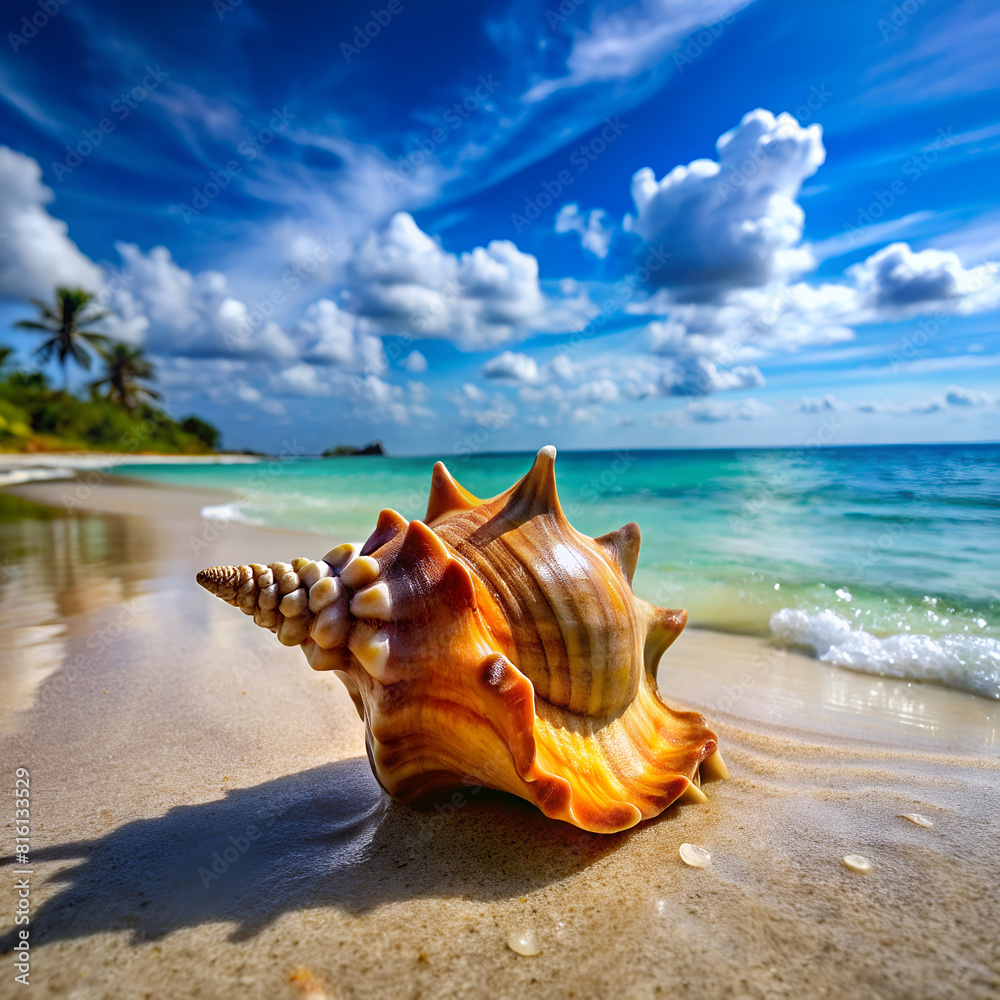 A vibrant seashell on a serene beach with crystal clear waters and a blue sky backdrop A vibrant seashell on a serene beach with crystal clear waters and a blue sky backdrop