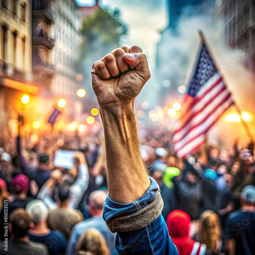 A clenched fist raised in protest amidst a crowd on a city street at dusk photo