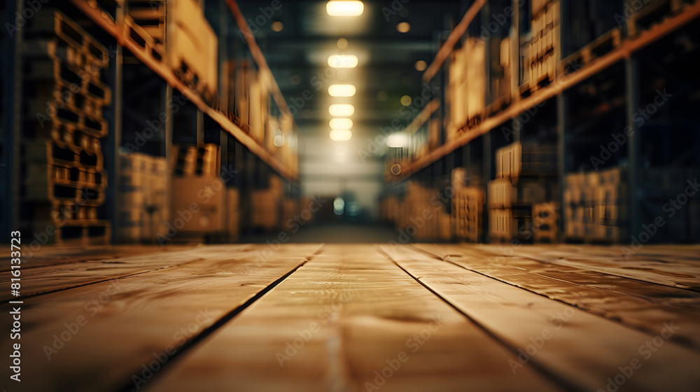 The empty wooden table top with blur background of warehouse storage Exuberant image : Generative AI The empty wooden table top with blur background of warehouse storage Exuberant image : Generative AI