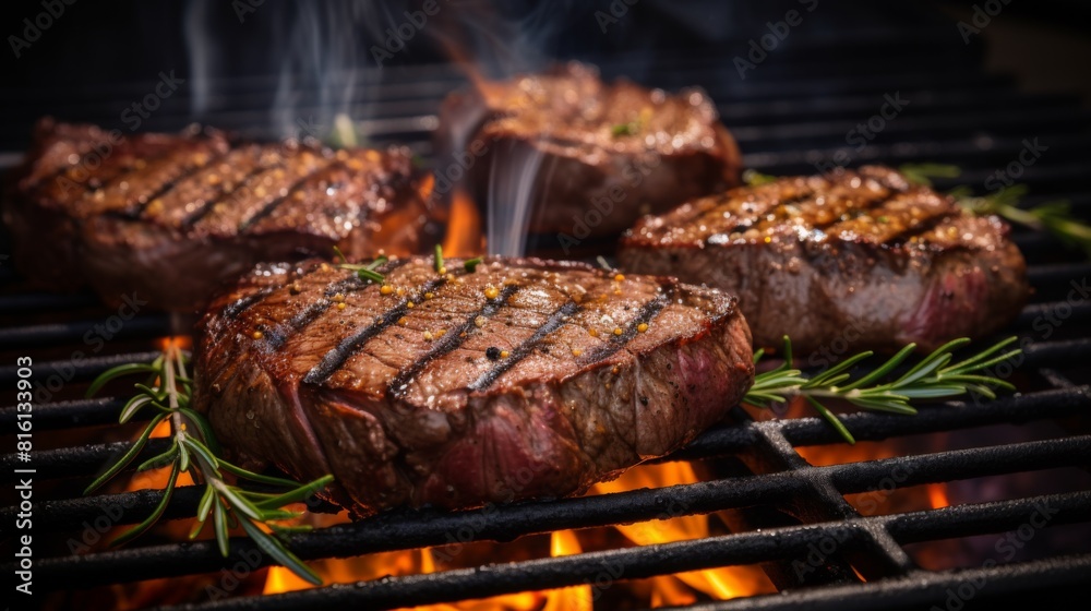 Delectable beef steaks cooking on a grill with flames licking the sides, complemented by aromatic herbs Delectable beef steaks cooking on a grill with flames licking the sides, complemented by aromatic herbs