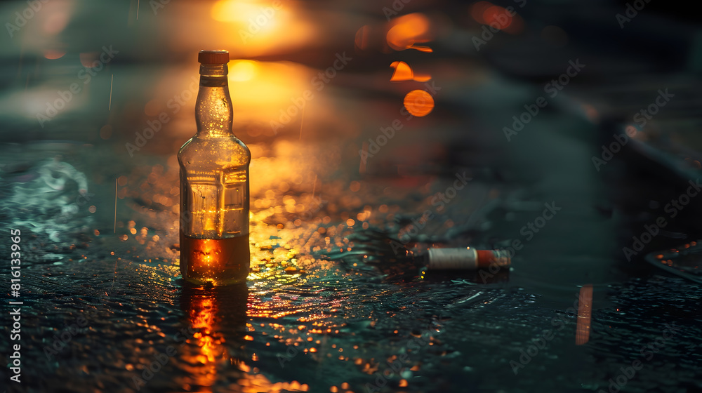 Alcoholism problem concept Empty bottle of liquor on a wet floor after rain at sunset : Generative AI Alcoholism problem concept Empty bottle of liquor on a wet floor after rain at sunset : Generative AI