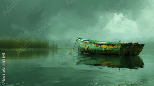 A serene digital painting of a weathered boat floating on calm waters amidst tall grass  under a cloudy sky.