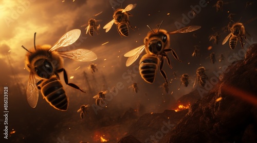 A swarm of bees flutters with hyperrealism against a dramatic apocalyptic backdrop, emphasizing urgency photo