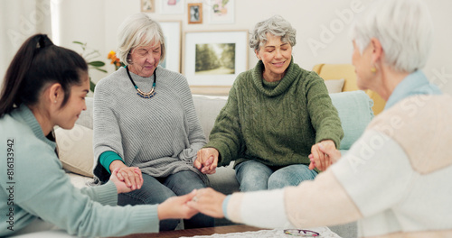Wallpaper Mural Senior group, holding hands and pray in elderly care for support, trust or unity in social gathering at home. Mature women touching in team activity, share or praying for hope in retirement together Torontodigital.ca