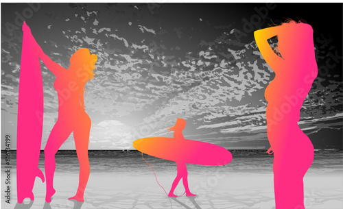 surfistas, contraluz, vector, tabla, surf, mar, atardecer, mujer surfista, silueta, tablista, ilustracion, arte surf, rosa, surfista en la playa, chica surf, mujer