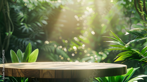 table top wood podium counter in tropical outdoor nature garden forest jungle green plant with golden sunlight background healthy natural product placement promotion displayspring or s   Generative AI