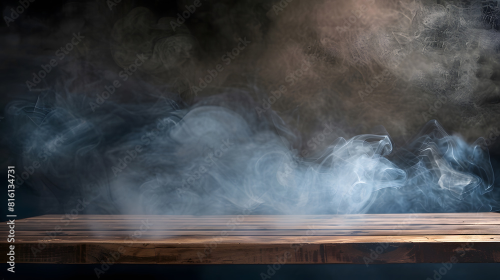 empty wooden table with smoke float up on dark background Empty Space for display your products : Generative AI empty wooden table with smoke float up on dark background Empty Space for display your products : Generative AI