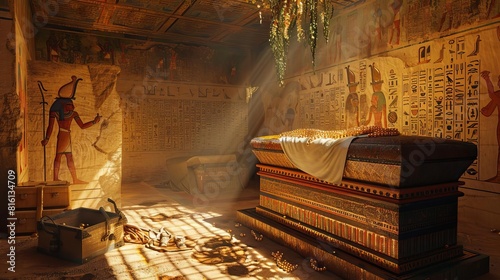 mysterious ancient egyptian tomb with hieroglyphs and treasure realistic 3d illustration photo
