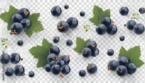 Blackcurrant black currant cassis Ribes nigrum, many angles and view side top front group bunch isolated on transparent background cutout, PNG file. Mockup template for artwork graphic ... See More
 photo