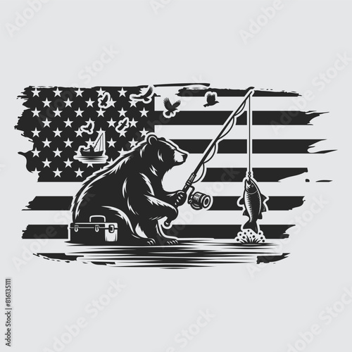 US Fishing Bear vector silhouette svg, Father' Day Gift, US flag bear Birthday gift