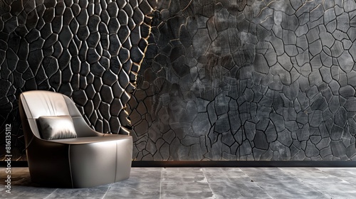 Modern interior design with dark grey textured wall, made of black metal texture with cracked pattern for decoration, leather armchair and floor in gray color, perfect for living room or office.