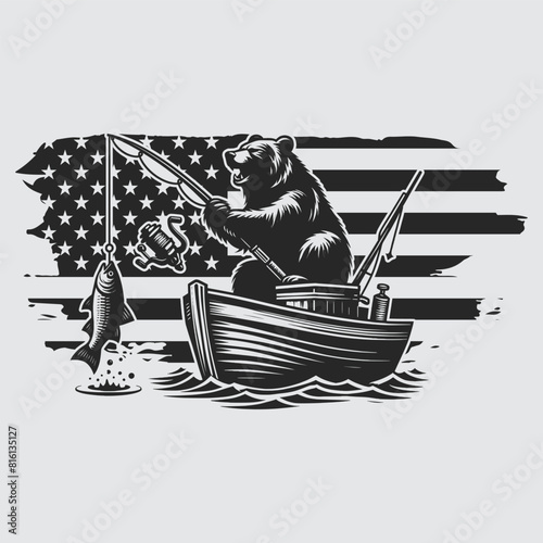 US Fishing Bear vector silhouette svg, Father' Day Gift, US flag bear Birthday gift