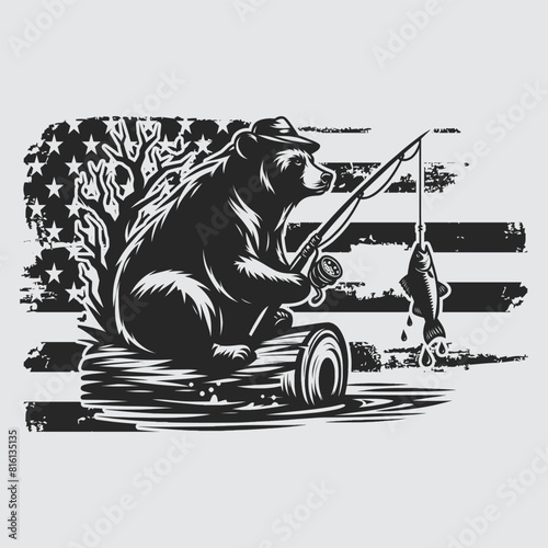 US Fishing Bear vector silhouette svg, Father' Day Gift, US flag bear Birthday gift