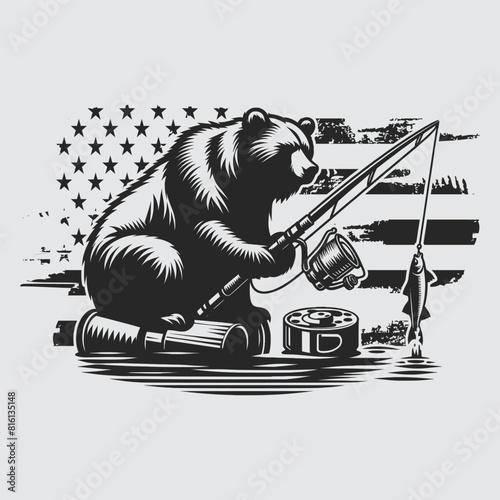 US Fishing Bear vector silhouette svg, Father' Day Gift, US flag bear Birthday gift