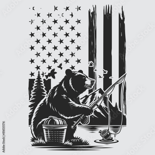 US Fishing Bear vector silhouette svg, Father' Day Gift, US flag bear Birthday gift
