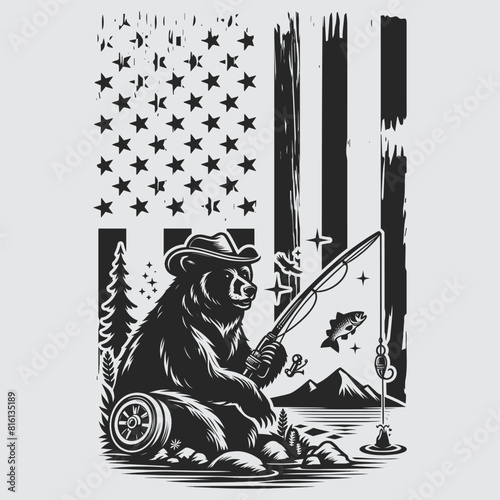 US Fishing Bear vector silhouette svg, Father' Day Gift, US flag bear Birthday gift