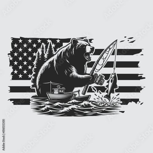 US Fishing Bear vector silhouette svg, Father' Day Gift, US flag bear Birthday gift