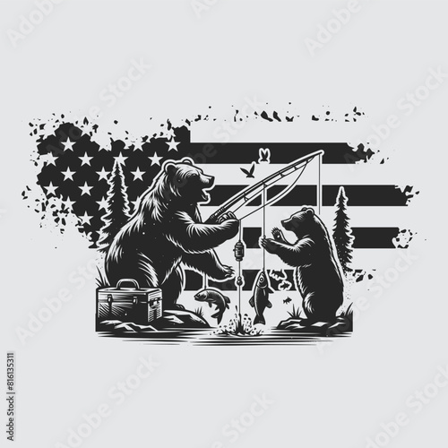 US Fishing Bear vector silhouette svg, Father' Day Gift, US flag bear Birthday gift