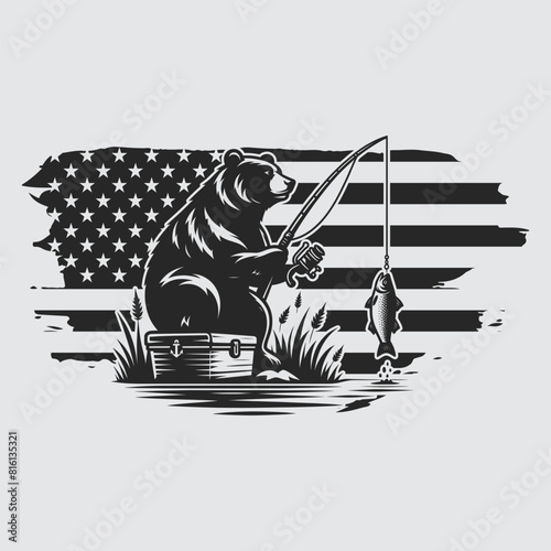 US Fishing Bear vector silhouette svg, Father' Day Gift, US flag bear Birthday gift
