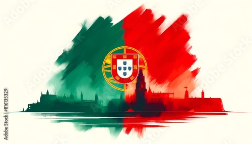 Fotografie Watercolor illustration for portugal day with the national flag of portugal and city silhouette