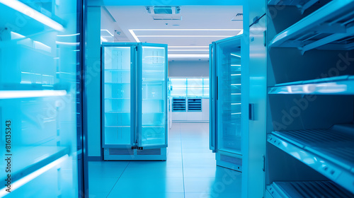 Refrigerator Open door of an empty fridge Household appliances in the store Electrical equipment and household goods Kitchen appliances in the mall : Generative AI