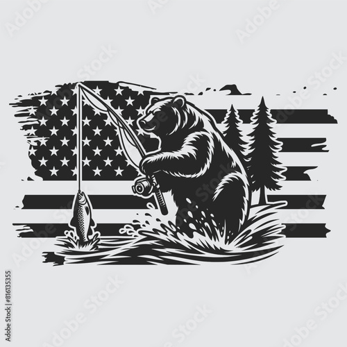 US Fishing Bear vector silhouette svg, Father' Day Gift, US flag bear Birthday gift