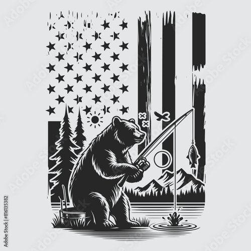 US Fishing Bear vector silhouette svg, Father' Day Gift, US flag bear Birthday gift