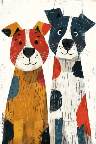 illustration of two friendly dogs in colourful, playful and whimsical designs, bold lithographic style with eyecatching detail, white background, national dog day photo