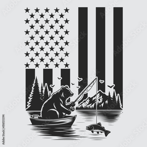 US Fishing Bear vector silhouette svg, Father' Day Gift, US flag bear Birthday gift
