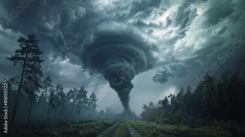 powerful tornado with ominous clouds and trees extreme weather phenomenon photo