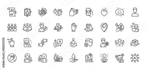 Cyber attack  Wash hands and Dont touch line icons pack. AI  Question and Answer  Map pin icons. Puzzle  Ranking  Touchscreen gesture web icon. Hand  Hold box  Equity pictogram. Vector