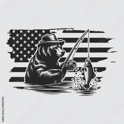 US Fishing Bear vector silhouette svg, Father' Day Gift, US flag bear Birthday gift