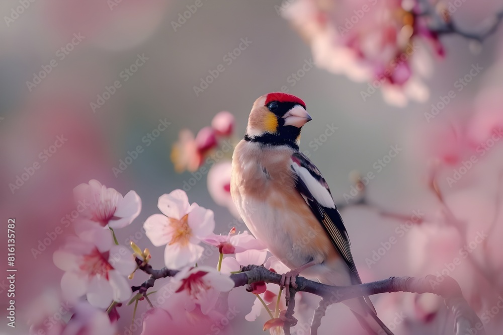
Goldfinch, Carduelis carduelis, single bird on blossom