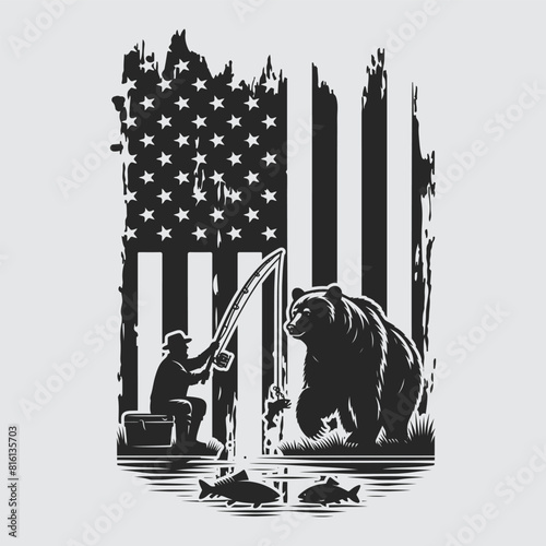 US Fishing Bear vector silhouette svg, Father' Day Gift, US flag bear Birthday gift