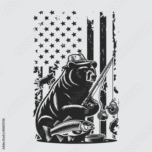 US Fishing Bear vector silhouette svg, Father' Day Gift, US flag bear Birthday gift