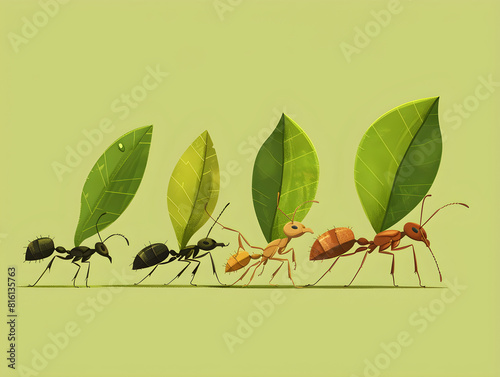 Anthropomorphized Ants Carrying Leaves Progressively Larger on Light Green Background | Detailed Macro Shot Showcasing Teamwork, Distinct Colors, and Features | Educational Nature