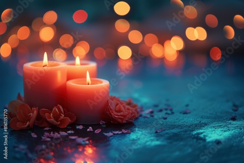 Two glowing candles amidst rose petals against a backdrop of warm bokeh lights for a tranquil atmosphere
