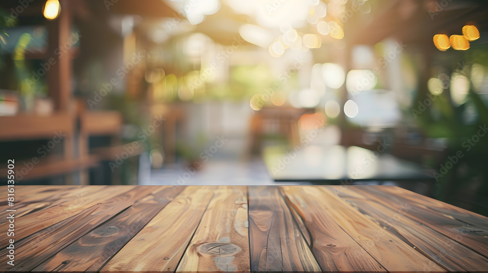 Empty wooden table space platform and blurred cafe or restaurant background for product display montage : Generative AI Empty wooden table space platform and blurred cafe or restaurant background for product display montage : Generative AI