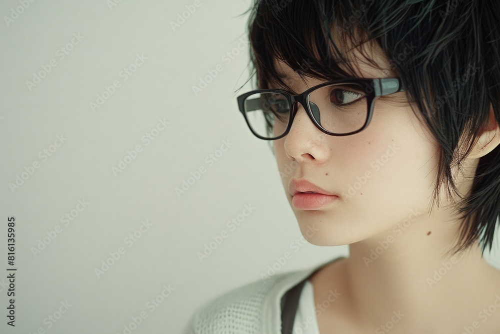 Stylish Young Woman with Black Hair and Glasses Looking Thoughtfully Sideways Stylish Young Woman with Black Hair and Glasses Looking Thoughtfully Sideways