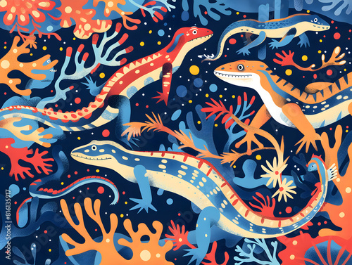 Vibrant Colorful Illustration of Stylized Lizards on Dark Blue Background with Abstract Coral-Like Shapes   Exotic Playful Energy   Intricate Dynamic Poses and Vivid Patterns   Whimsical Underwater
