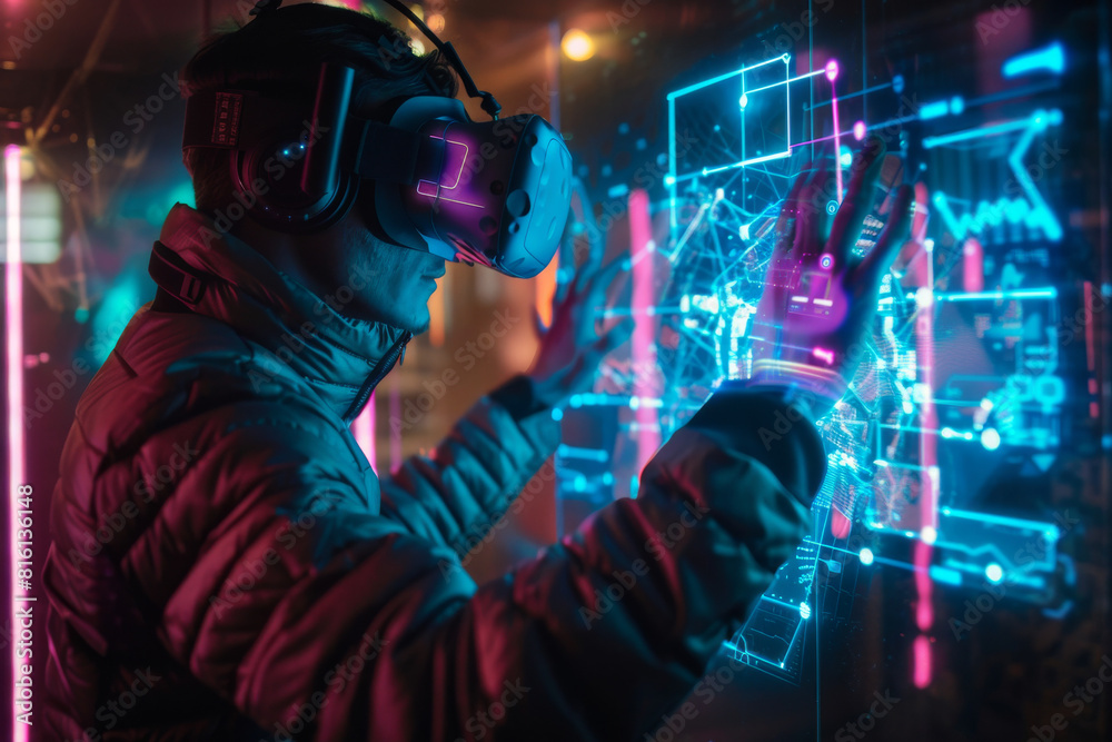 A man wearing a virtual reality headset with the letter i on it A man wearing a virtual reality headset with the letter i on it