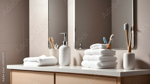 Stock Photo ID  2265223179  A mirror  towel and toothbrushes inside a bathroom background. Front view. Empty space for display cosmetic products